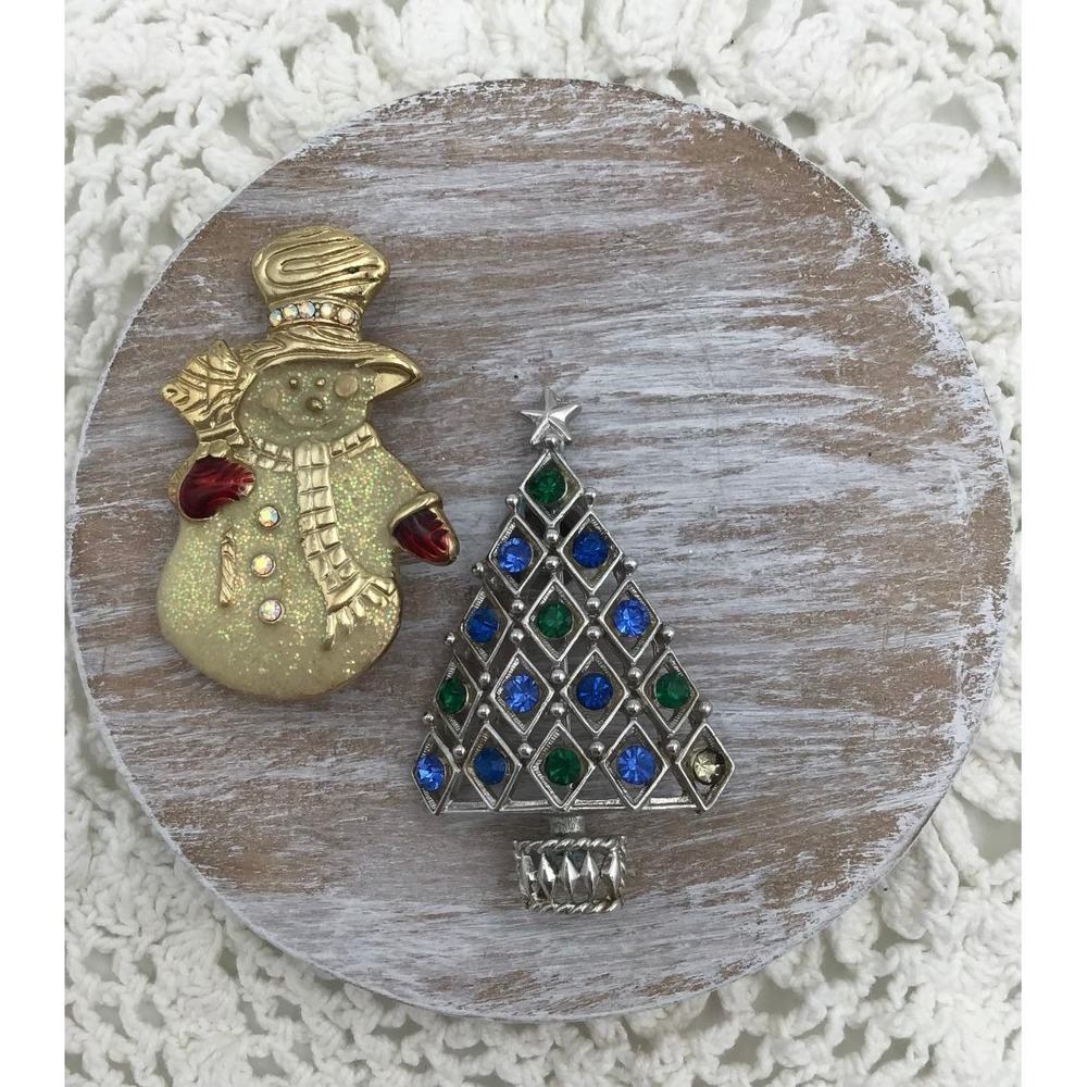 VTG Eisenberg Ice Christmas Brooch Rhinestone Silver Tree & Gold Glitter Snowman